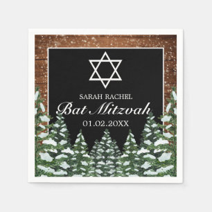 Black Snowy Wood & Forest Pine Bar Bat Mitzvah Napkin