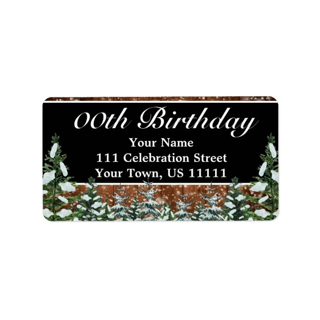 Black Snowy Wood & Forest Pine Birthday Address Label (Front)