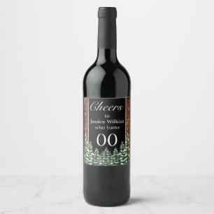 Black Snowy Wood & Forest Pine Birthday Wine Label