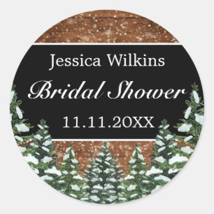 Black Snowy Wood & Forest Pine Bridal Shower Classic Round Sticker