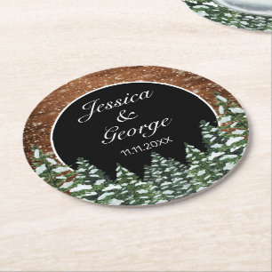 Black Snowy Wood & Forest Pine Country Wedding Round Paper Coaster