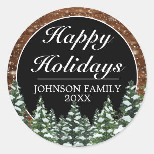 Black Snowy Wood & Forest Pine Happy Holidays Classic Round Sticker