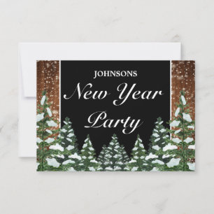 Black Snowy Wood & Forest Pine New Year Party RSVP Card
