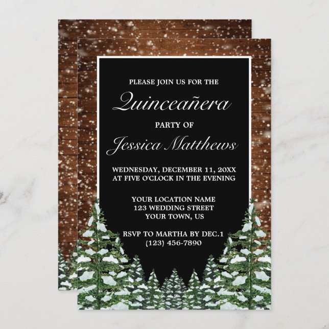Black Snowy Wood & Forest Pine Quinceañera Invitation (Front/Back)