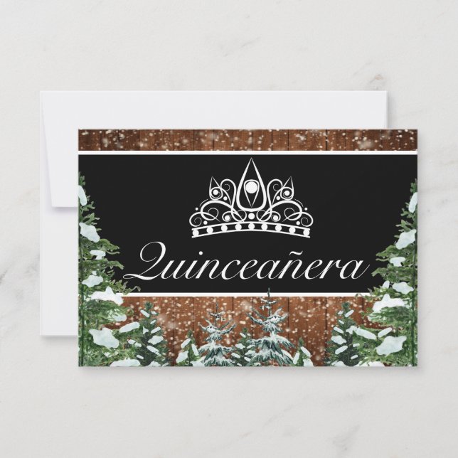Black Snowy Wood & Forest Pine Tiara Qinceanera RSVP Card (Front)