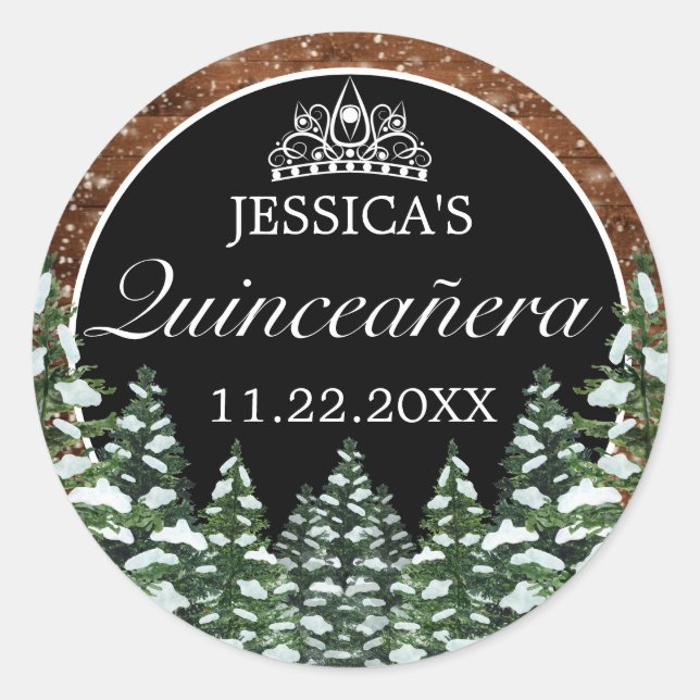 Black Snowy Wood & Forest Pine Tiara Quinceanera Classic Round Sticker (Front)