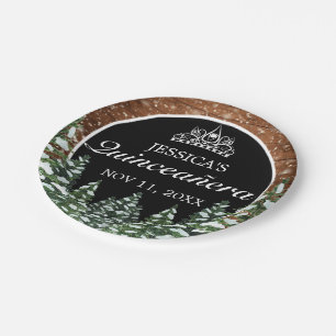 Black Snowy Wood & Forest Pine Tiara Quinceañera Paper Plate