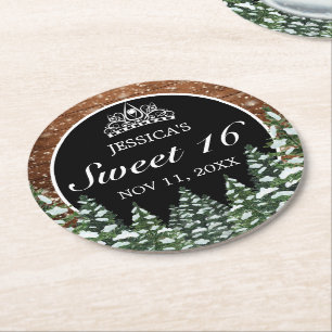 Black Snowy Wood & Forest Pine Tiara Sweet 16 Round Paper Coaster