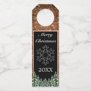 Black Snowy Wood Forest Snow Flake Merry Christmas Bottle Tag