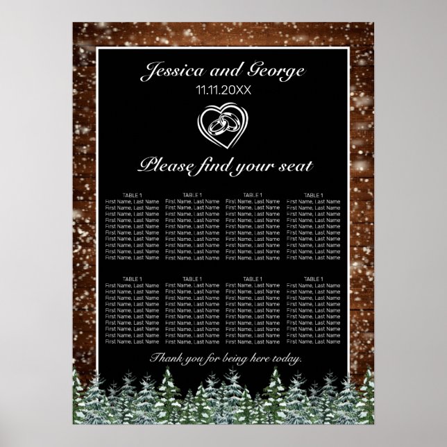 Black Snowy Wood & Forest Wedding Seating Chart (Front)