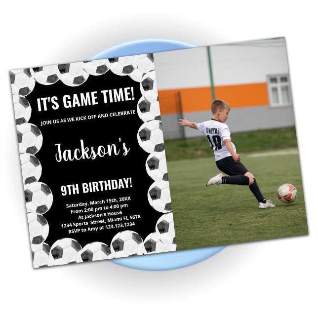 Black Soccer Birthday Invitations with Photo (Creator Uploaded)
