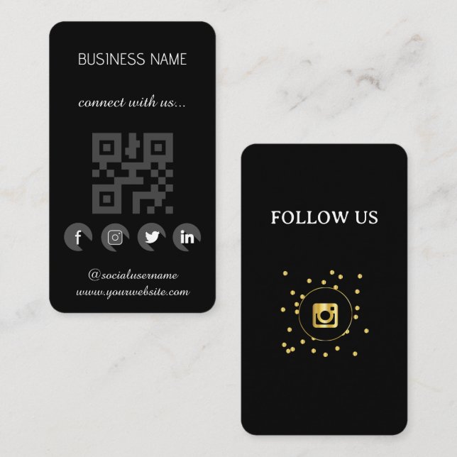 Black  -Social Media QR Code  Business Card (Front/Back)