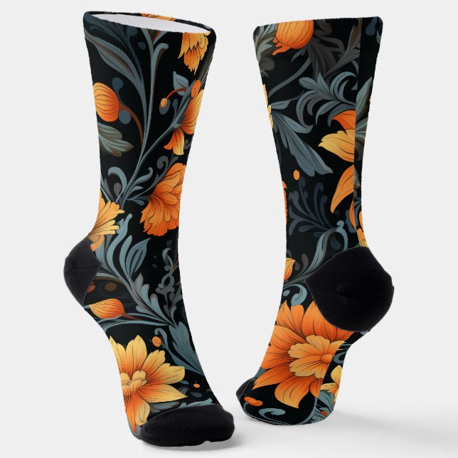 Black socks feature vibrant orange and yellow  (Angled)