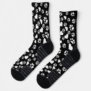 Black Socks with White Paw Prints & Heart Pattern