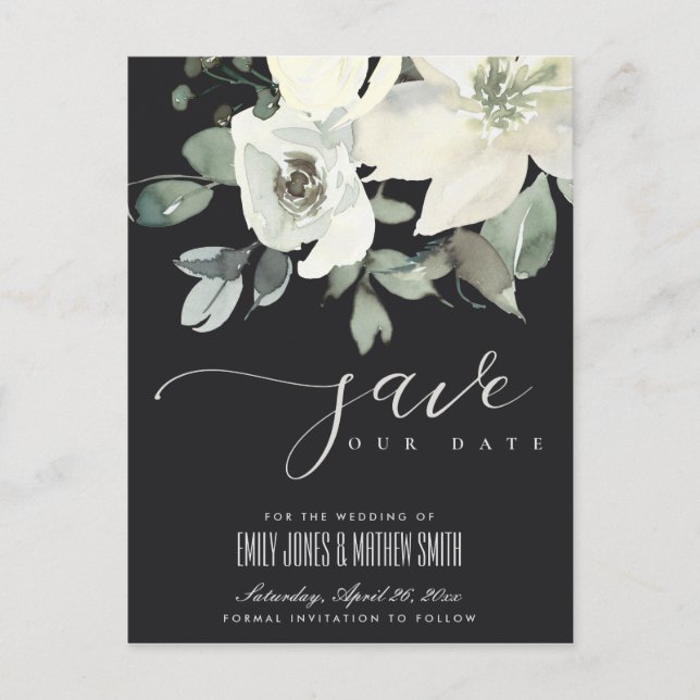BLACK SOFT IVORY WHITE FLORAL BUNCH SAVE THE DATE ANNOUNCEMENT POSTCARD (Front)