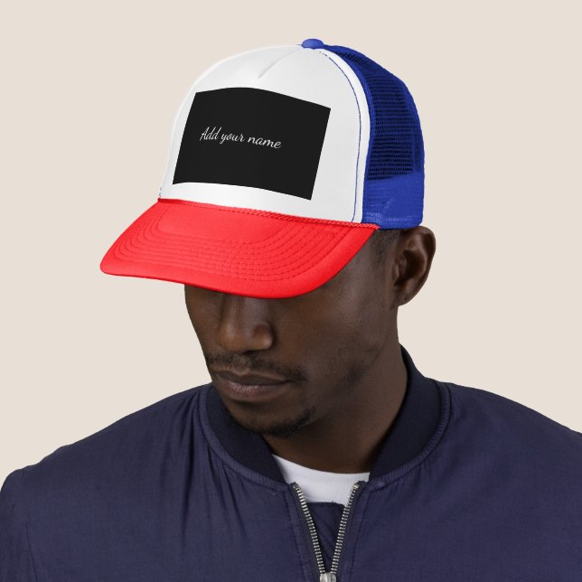 Black solid add name text message here throw pillo trucker hat (In Situ)