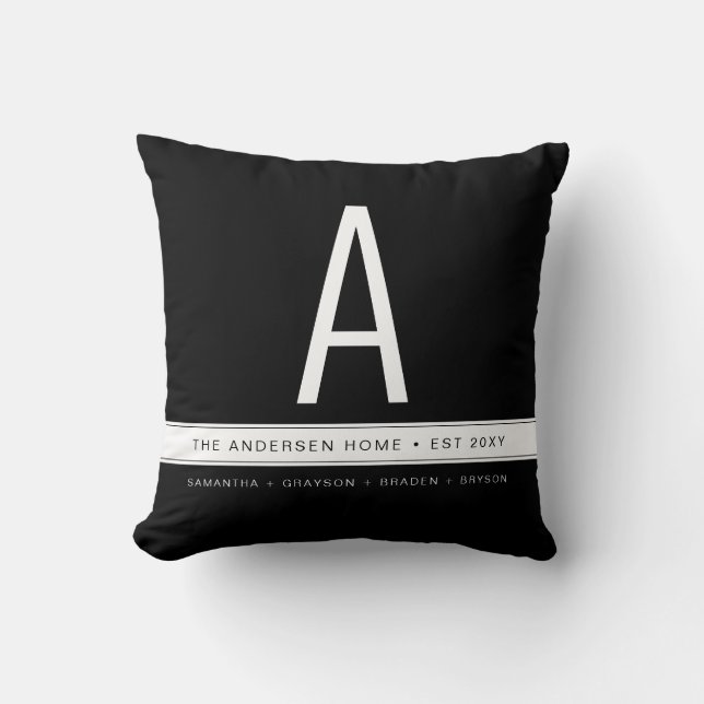 Black Solid Colour Modern Family Monogram Names Cushion (Front)