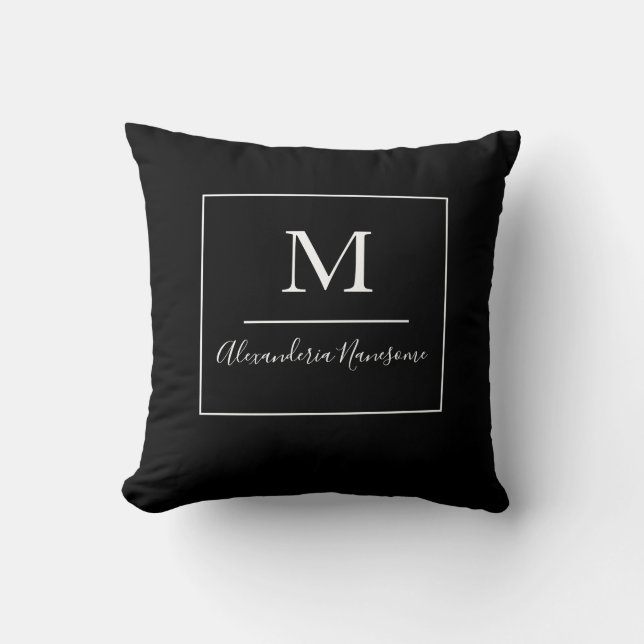 Black solid colour White monogram name Cushion (Front)