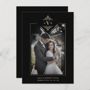 Black Sophisticate Flourish Chic Golden Initials Thank You Card