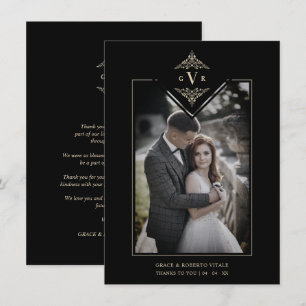 Black Sophisticated Flourish Chic Golden Initials Thank You Card