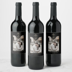 Black Sophisticated Flourish Chic Golden Initials Wine Label