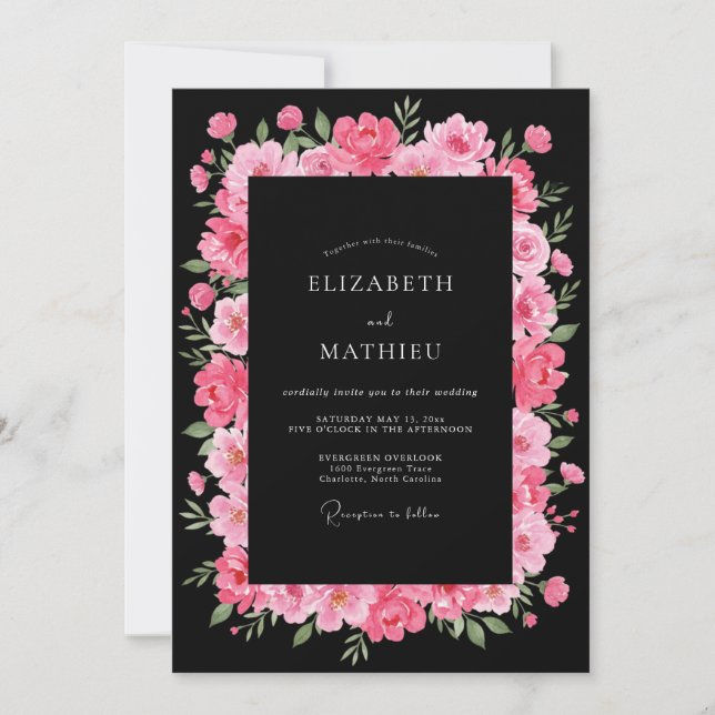 Black Sophisticated Peony Wedding Invitation (Front)