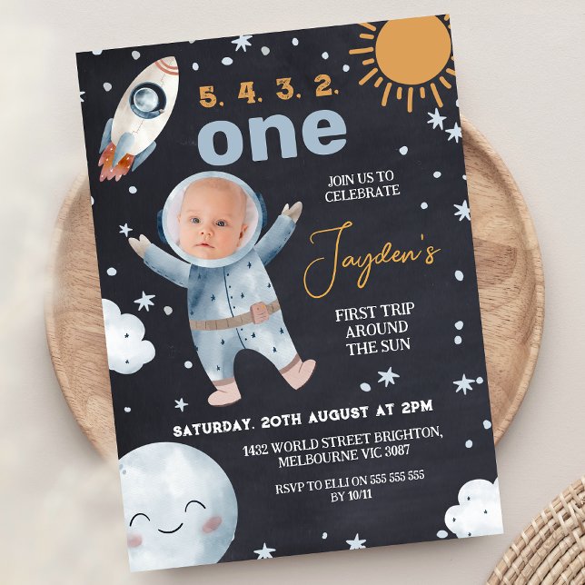 Black Space First Trip Around Sun 1st Birthday Invitation (Boys First Trip Around The Sun 1st Birthday Invitation, Outer Space First Birthday Invitation, )