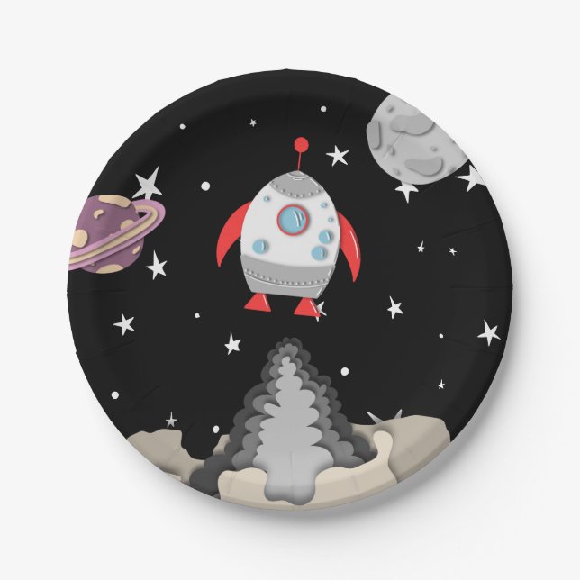 Black Space Space Ship Taking Off Planets Moon Paper Plate (Front)