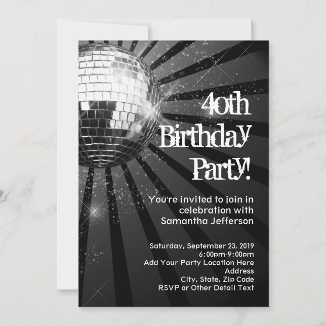 Black Sparkle Disco Ball 40th Birthday Party Invitation (Front)