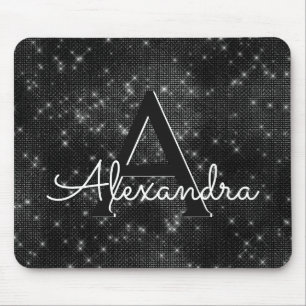 Black Sparkle Girly Monogram Name Mousepad