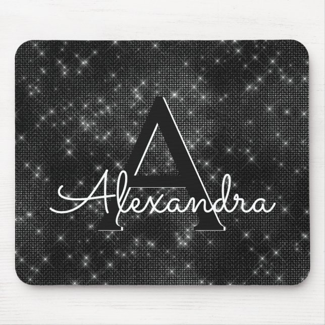Black Sparkle Girly Monogram Name Mousepad (Front)