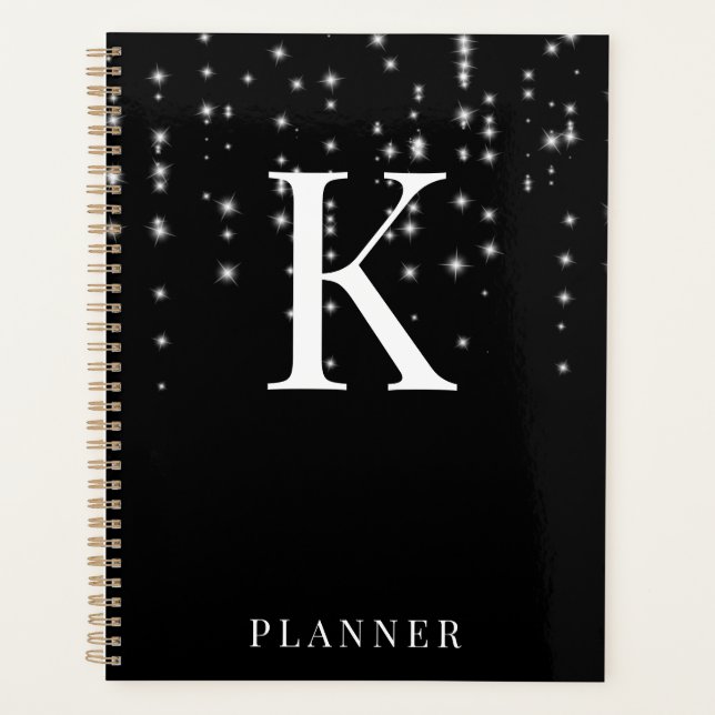 Black Sparkle Modern Glam Monogram Planner (Front)