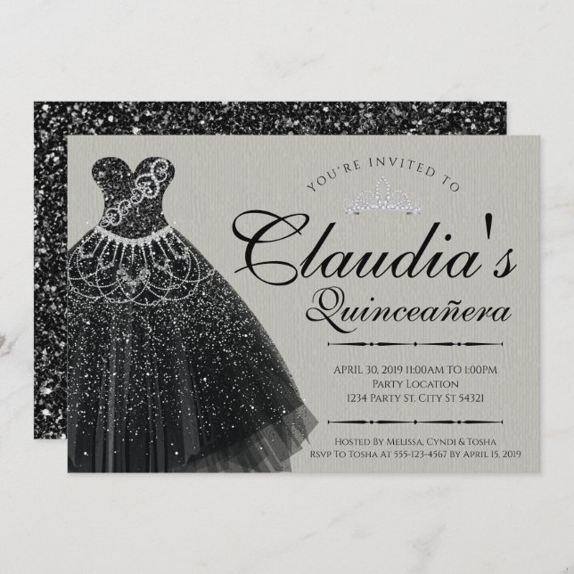 Black Sparkle, Quinceañera Dress Invitation (Front/Back)