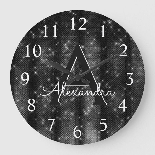 Black Sparkle Shimmer Monogram Name & Initial Large Clock (Front)