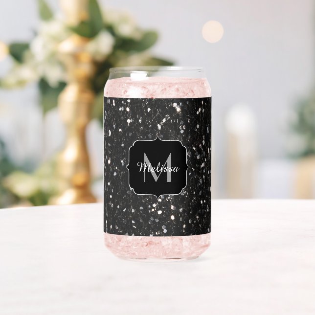 Black sparkles girly bling Custom Monogram Can Glass (Insitu (Wedding))