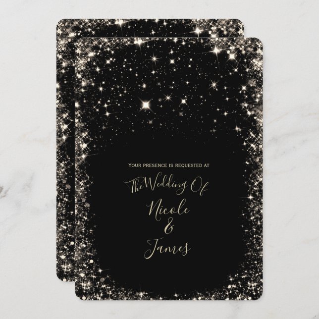 Black Sparkles Starry Night Sky Elegant Wedding Invitation (Front/Back)