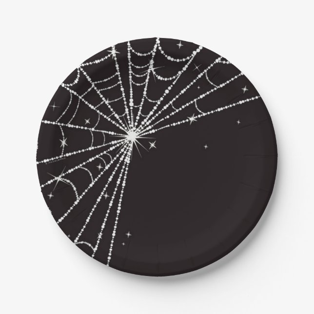 Black Sparkling Diamond Spider Web Paper Plate (Front)