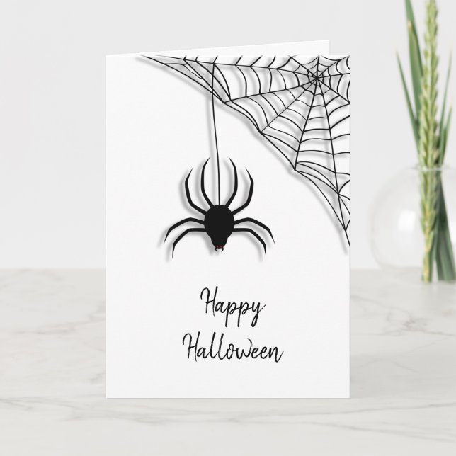 Black Spider and Web Happy Halloween Card (Front)