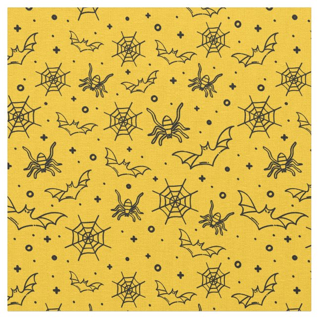 Black Spider, Web & Bat on Yellow Gold Fabric (Close Up)