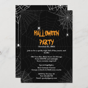 Black Spider Web Typography Halloween Party Invitation