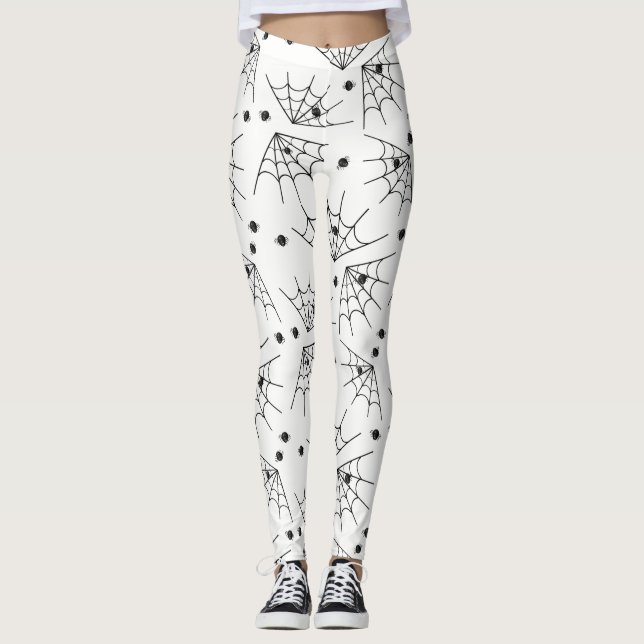 Black Spiders And Spider Webs Halloween Leggings (Front)