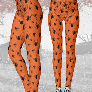 Black spiders spiderweb Halloween costume orange Leggings