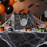 Black Spiderwebs Happy Halloween Large Gift Bag<br><div class="desc">This Black Spiderwebs Happy Halloween Large Gift Bag features hand-drawn spiders and spider webs against a dark grey background with a classy hexagon frame on both sides showcasing "Happy Halloween" and your family name.</div>