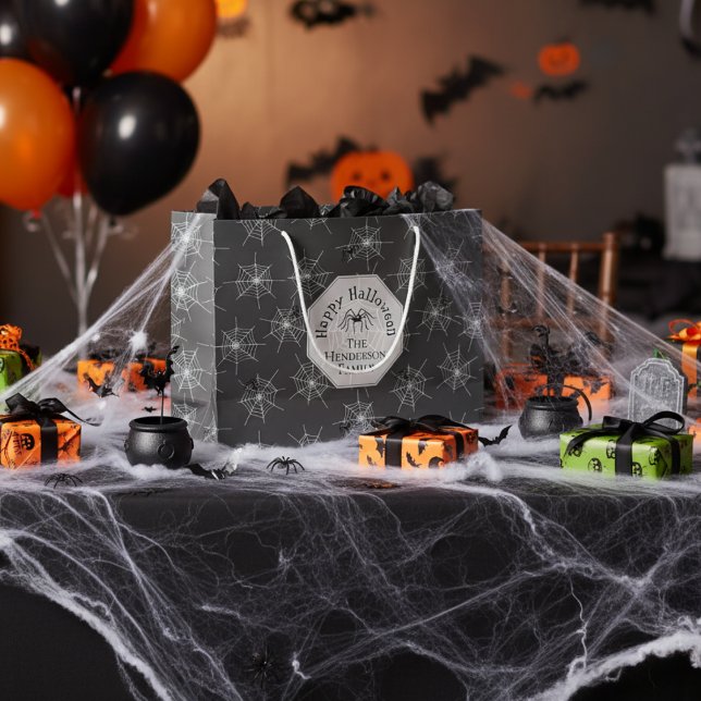 Black Spiderwebs Happy Halloween Large Gift Bag (Happy Halloween Spiderweb Gift Bag. Black Spooky Webs October Birthday Gift Wrap for Halloween Party)