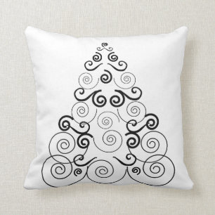 Black, spiral Christmas tree, white throw pillow. Cushion