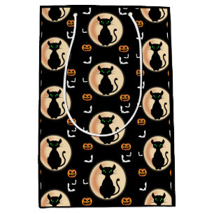 Black Spooky cat green eyes with moon Halloween Medium Gift Bag
