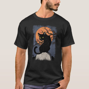 Black Spooky Cat Halloween Blood Moon Vintage Witc T-Shirt