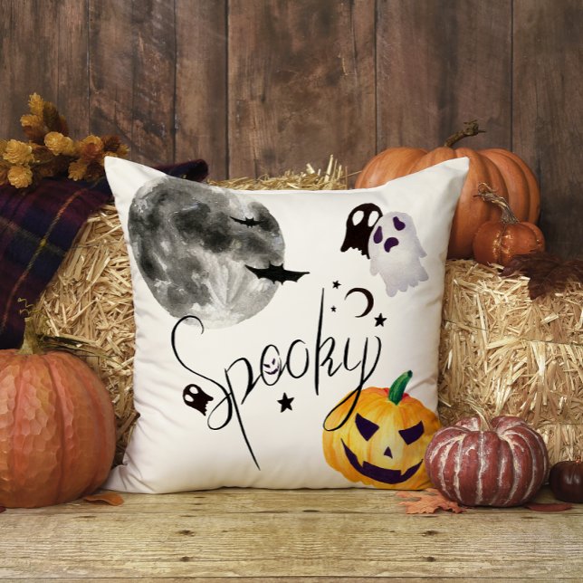 Black Spooky Moon Ghost Bat Halloween Cushion (Creator Uploaded)