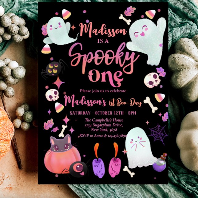 black Spooky One Halloween Ghost 1st Birthday Invitation (Cute Pink Ghost 1st Birthday Spooktacular)
