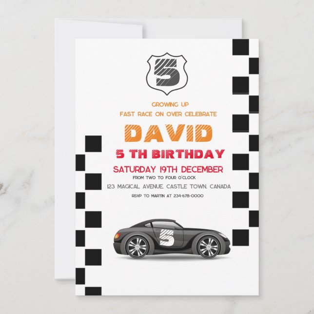 Black Sport Car | Toys Cars 5th Boy Birthday Invitation (Front)